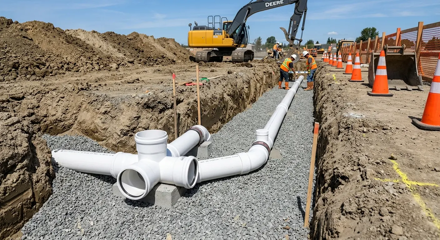 New PVC sewer pipe installation in open trench for Sewer Backup in Gresham Park