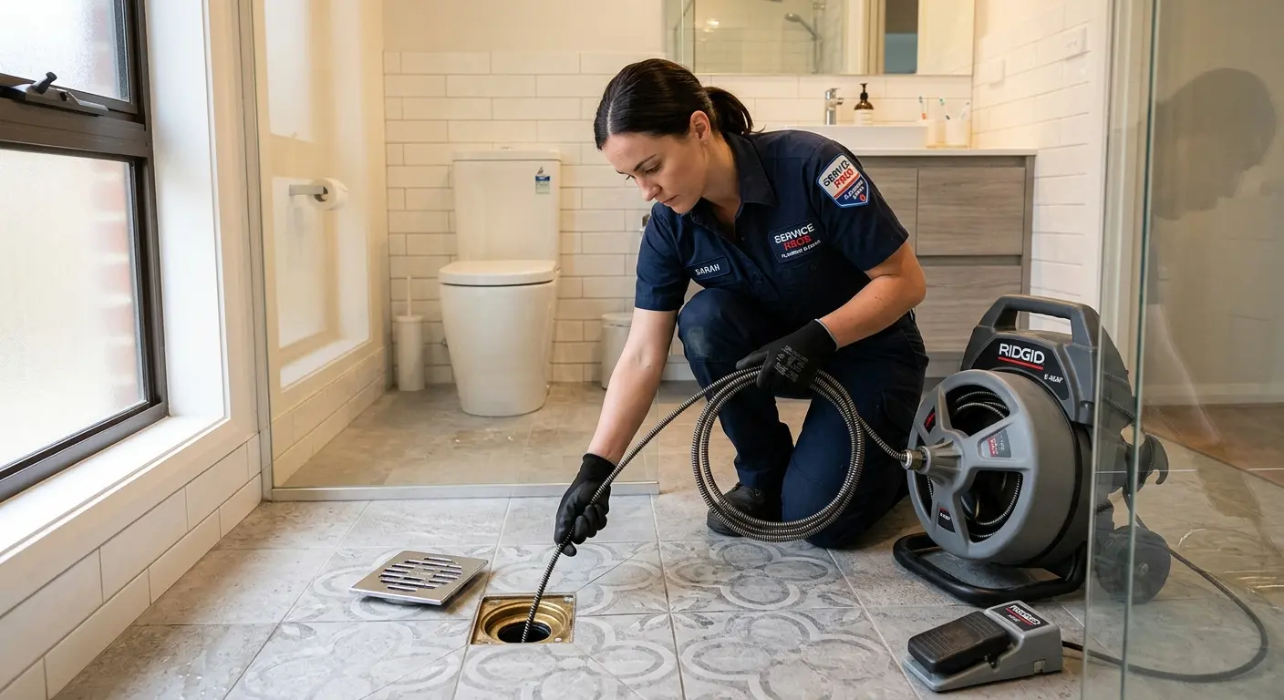 Technician clearing a bathroom floor drain for Clogged Drain Repair in Gresham Park